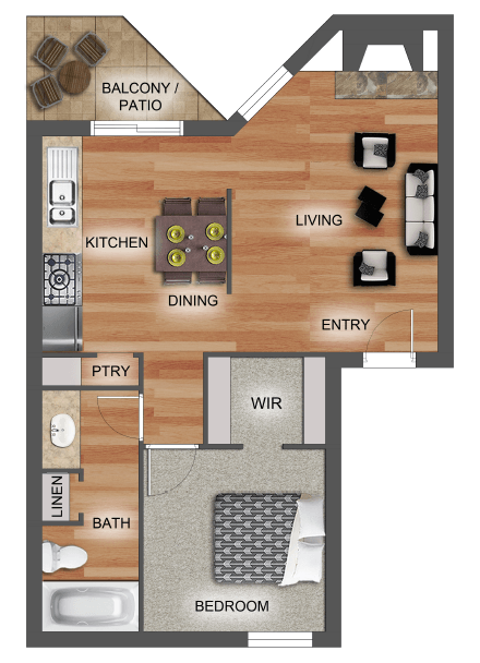 Floor plan for 1 bed, 1 bath, 530 sqft